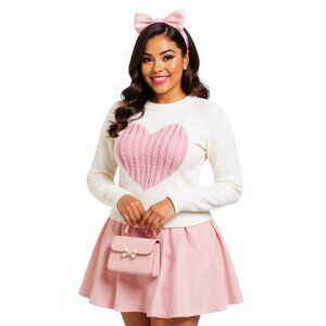 Coquette Heart Cable Knit Pullover Sweater, Round Neck